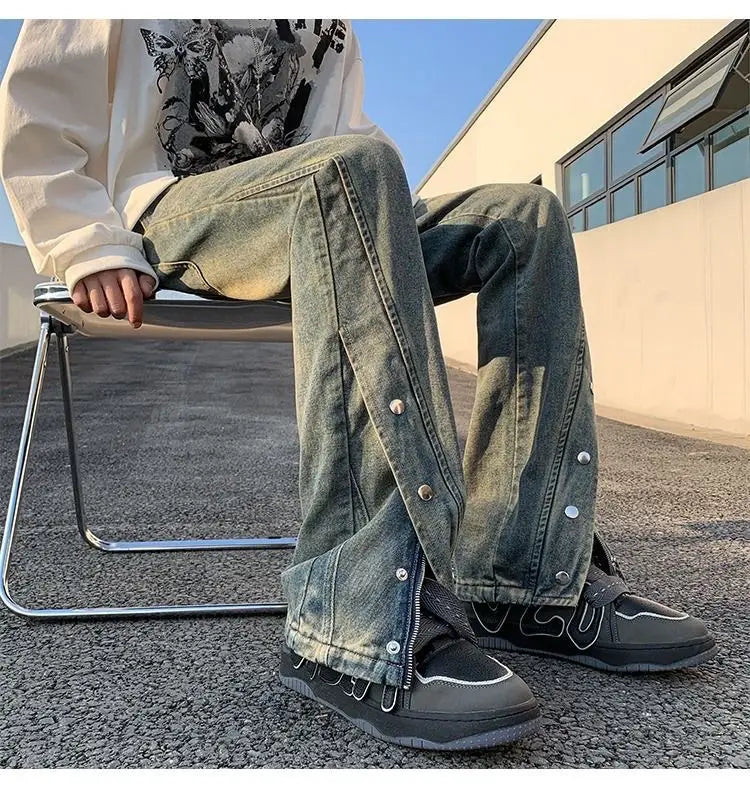Men Black Zipper Slit Casual Pants with White Sneakers