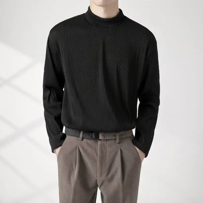Men's White Long Sleeve Half Collar T-Shirt