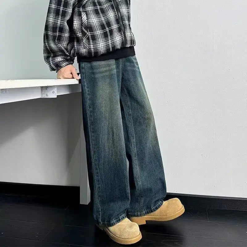 Men Vintage Washed Jeans Dark Blue Straight Fit