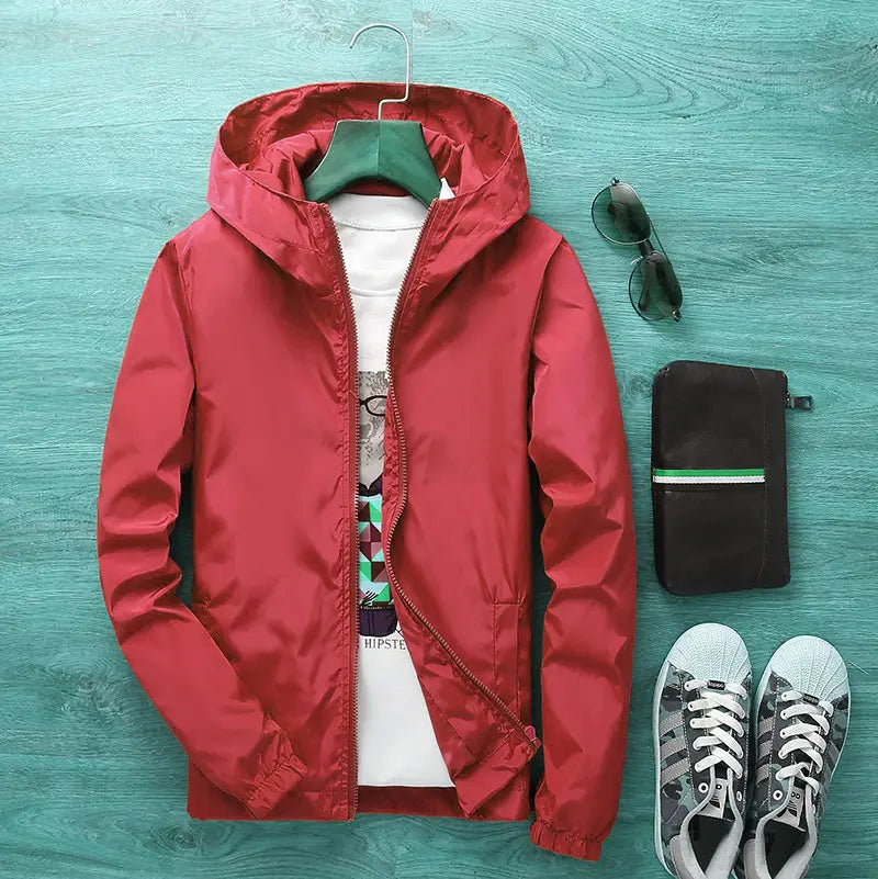 Men's Grey Hooded Windbreaker Jacket with Print