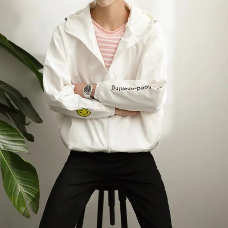 Men Women White Hooded Thin Jacket Korean Style