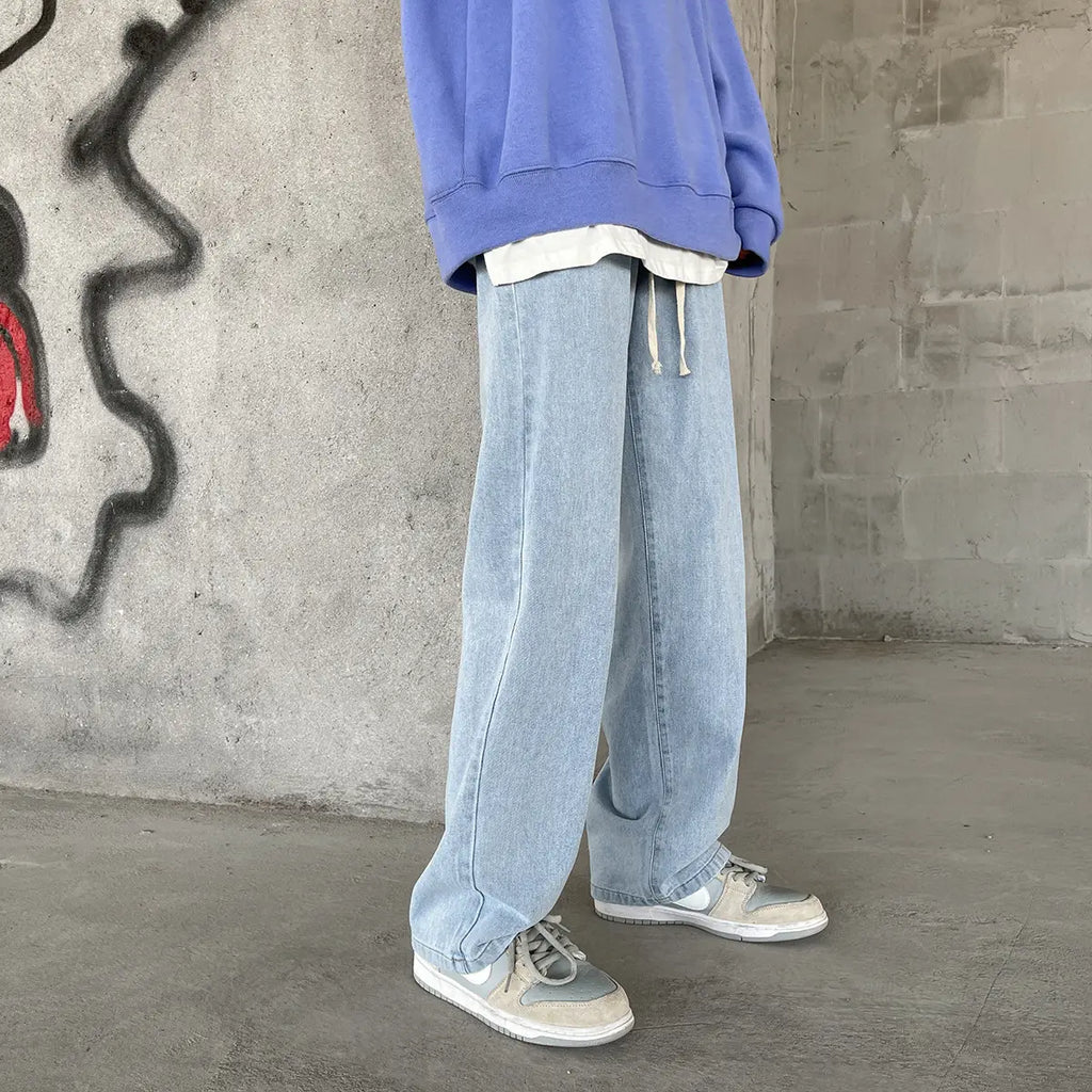 Men's Elastic Waist Jeans Vintage Washed Loose Straight Leg