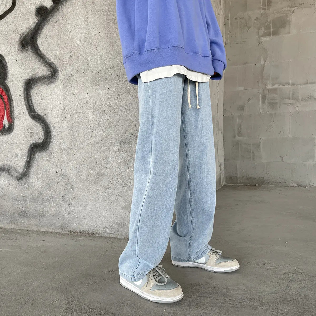Men's Elastic Waist Jeans Vintage Washed Loose Straight Leg