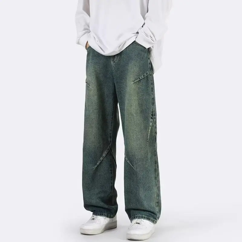 Men Wide Leg Retro Draped Jeans Spring Autumn