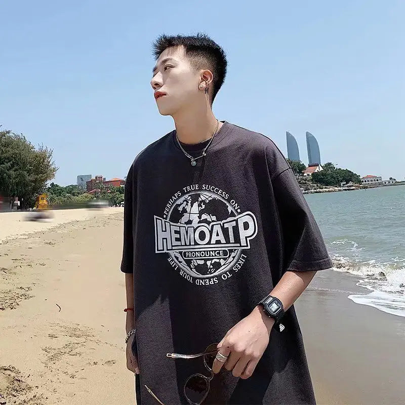 Men's Black Hong Kong Style T-Shirt Loose Fit Summer