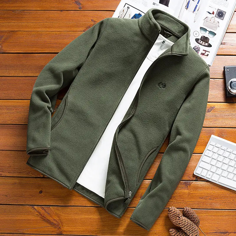 Men's Olive Green Fleece Zipper Jacket with Vertical Collar