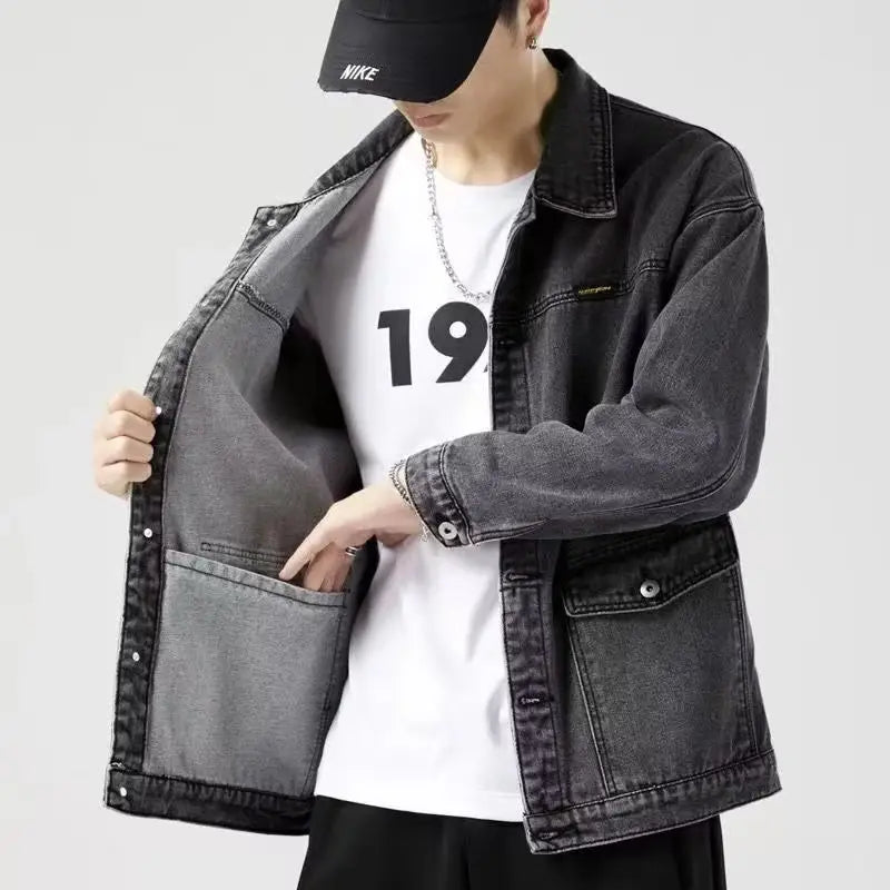 Men Denim Jacket Grey Multi-Pocket Large