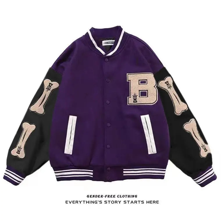 Men's Green Bone Print Baseball Jacket with White Underlayer