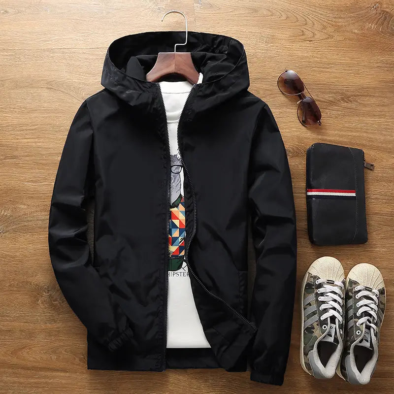 Men's Grey Hooded Windbreaker Jacket with Print
