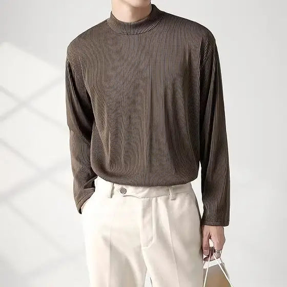 Men's White Long Sleeve Half Collar T-Shirt