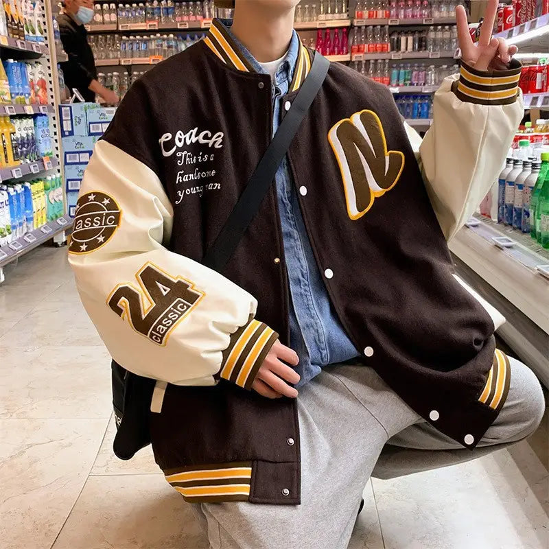 Men's Black & White Spliced Baseball Jacket American Retro Style