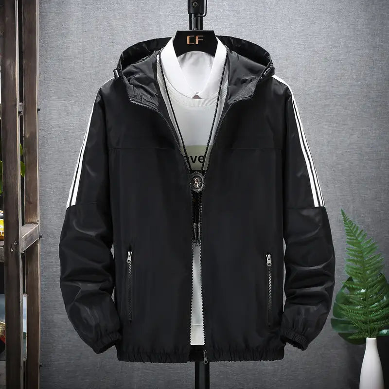 Men Black Hooded Sweatshirt with White Stripes