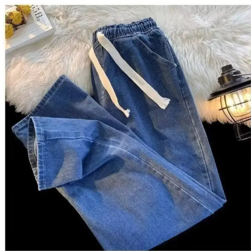 Men's Loose Straight Denim Jeans Elastic Waist Wide Leg