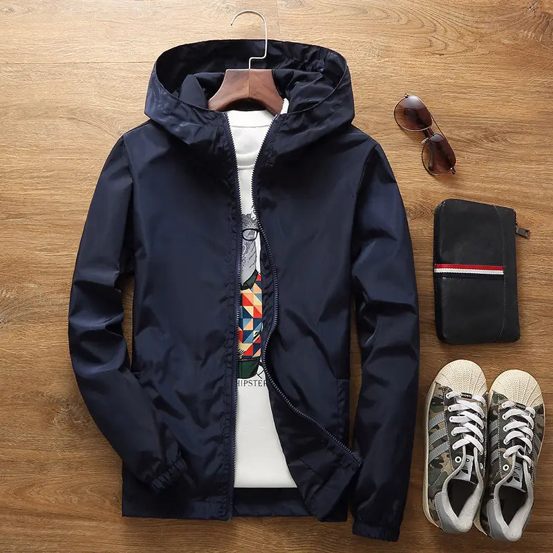 Men's Grey Hooded Windbreaker Jacket with Print