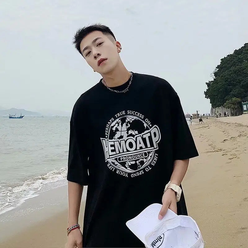 Men's Black Hong Kong Style T-Shirt Loose Fit Summer