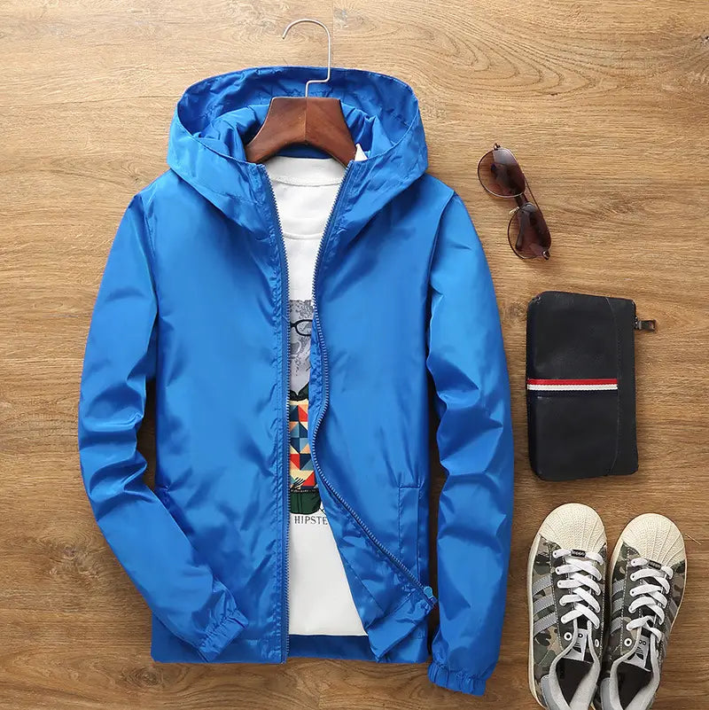 Men's Grey Hooded Windbreaker Jacket with Print