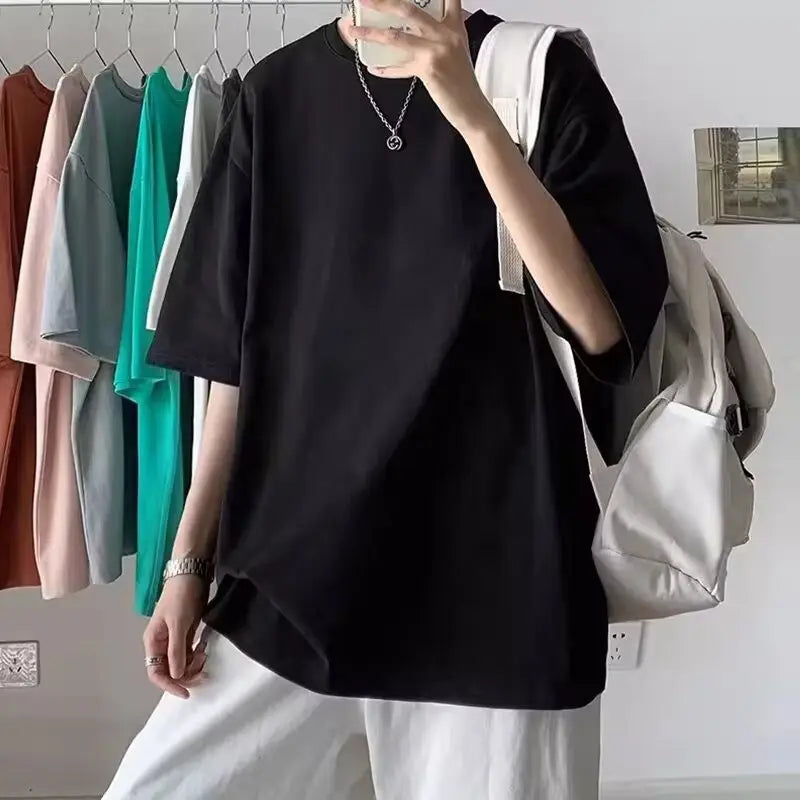 Men's Black Hong Kong Style T-Shirt Loose Fit Summer