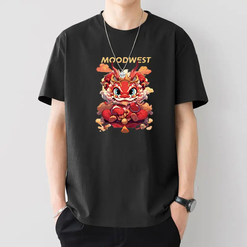 Men Silent Night Dragon Printed T-Shirt White