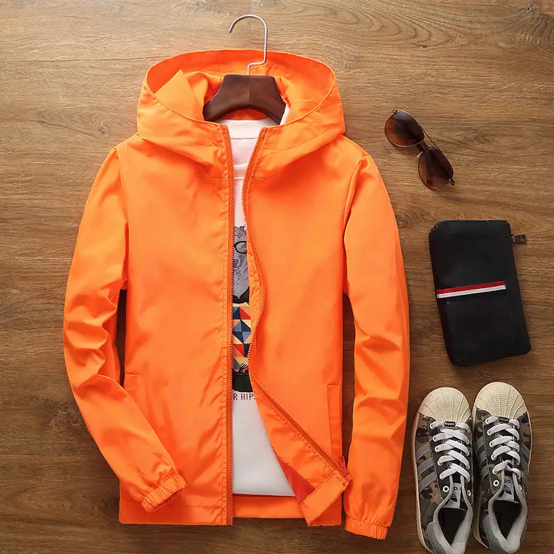 Men's Grey Hooded Windbreaker Jacket with Print