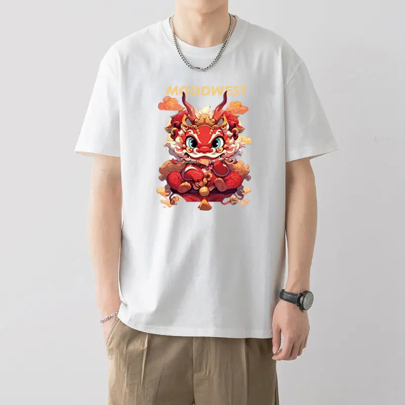 Men Silent Night Dragon Printed T-Shirt White