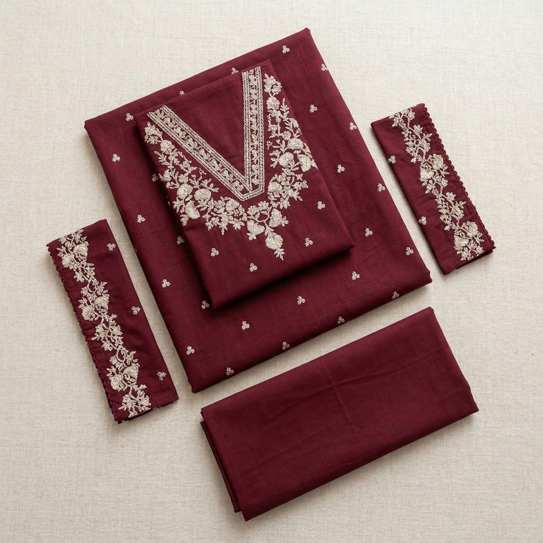 Maroon Embroidered Lawn Shirt with Cotton Trouser Set