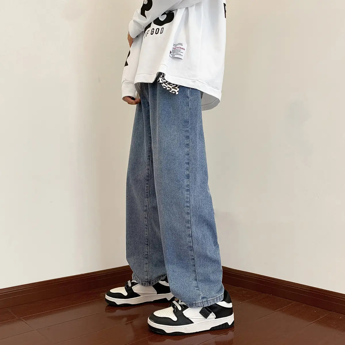 Men Washed Vintage Blue Straight Leg Jeans