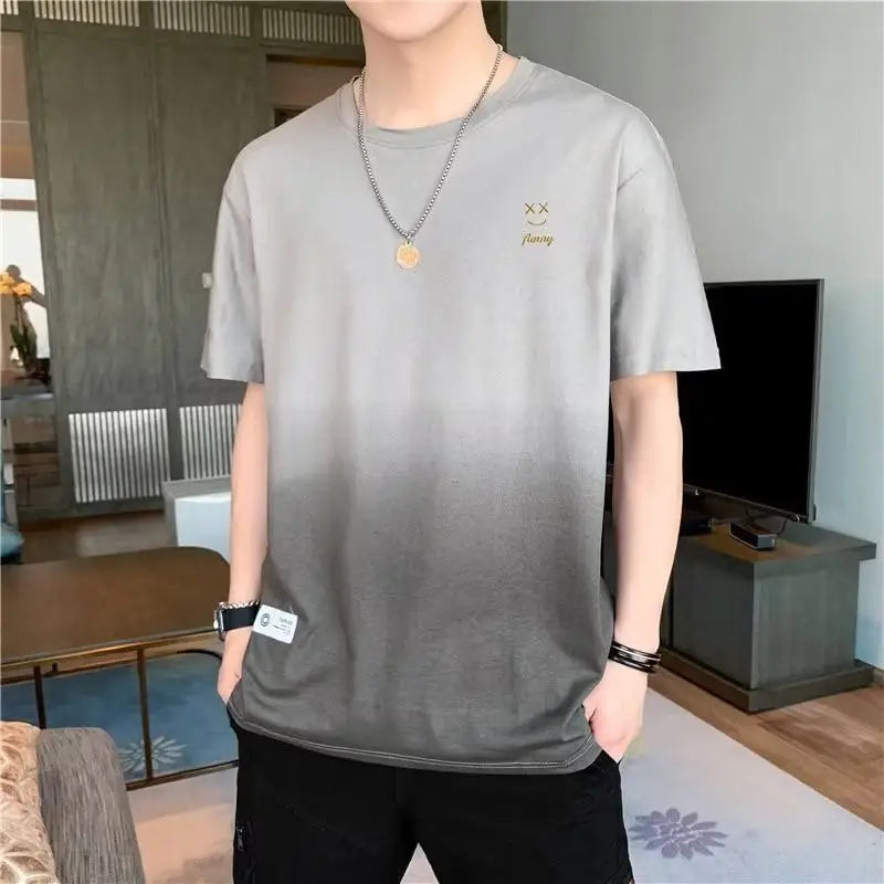 Men Gradient Short Sleeve T-Shirt White Korean Style