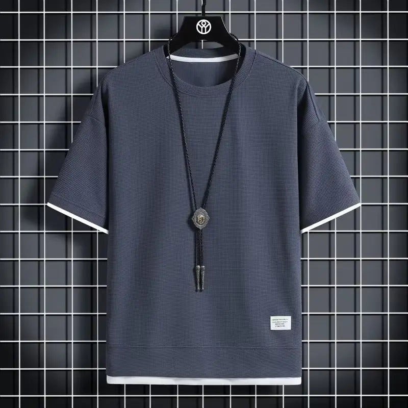 Men's Waffle Round Neck Short Sleeve Shirt Grey Large
