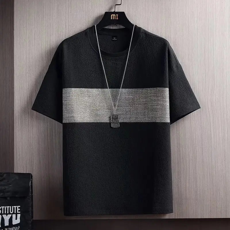 Men Ice Silk T-Shirt Loose Fit Black Grey Stripes