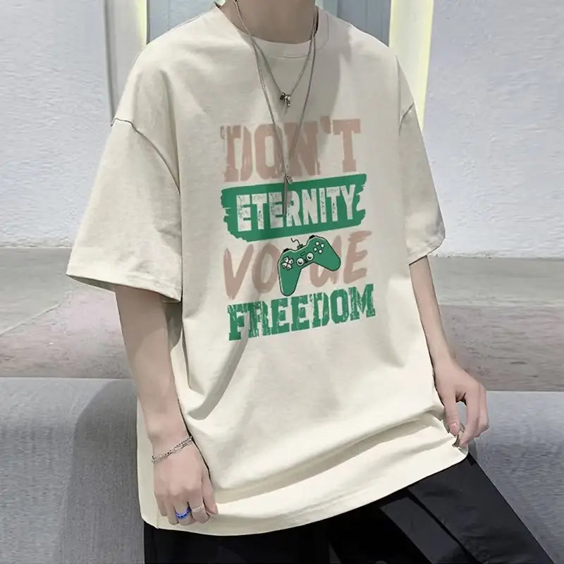 Men Blue Cotton Loose T-Shirt with Embroidered Design