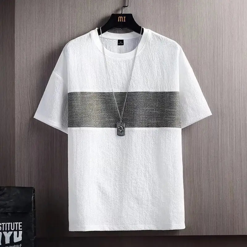 Men Ice Silk T-Shirt Loose Fit Black Grey Stripes