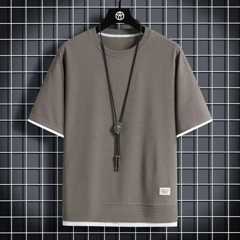 Men's Waffle Round Neck Short Sleeve Shirt Grey Large