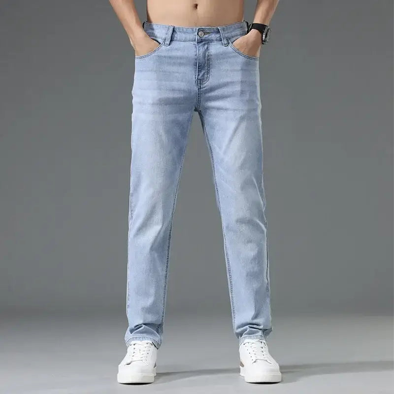 Men's Thin Blue Slim Fit Jeans Straight Cut Stretch