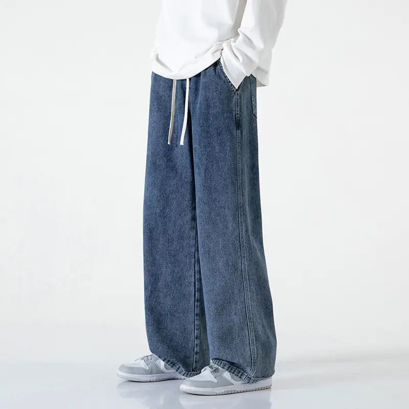Muqiu Men Fleece-Lined Wide Leg Jeans Blue Grey Washed