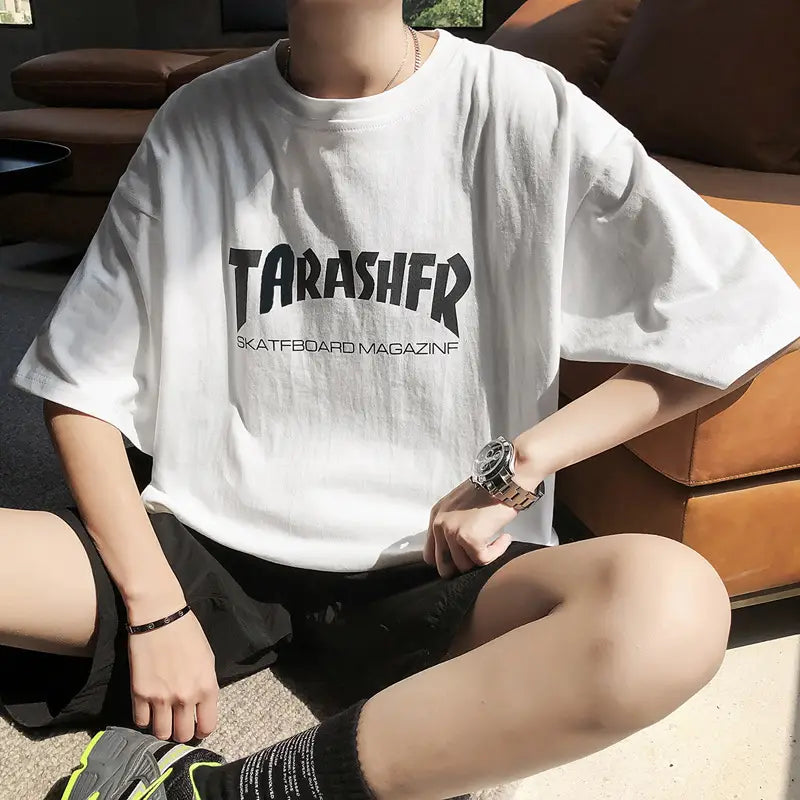 Men's Blue T-Shirt with "TARASHER" Print Loose Fit