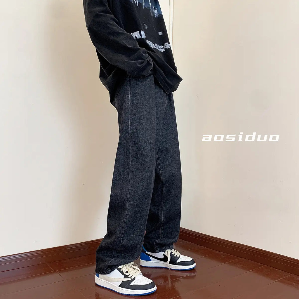 Men Washed Vintage Blue Straight Leg Jeans