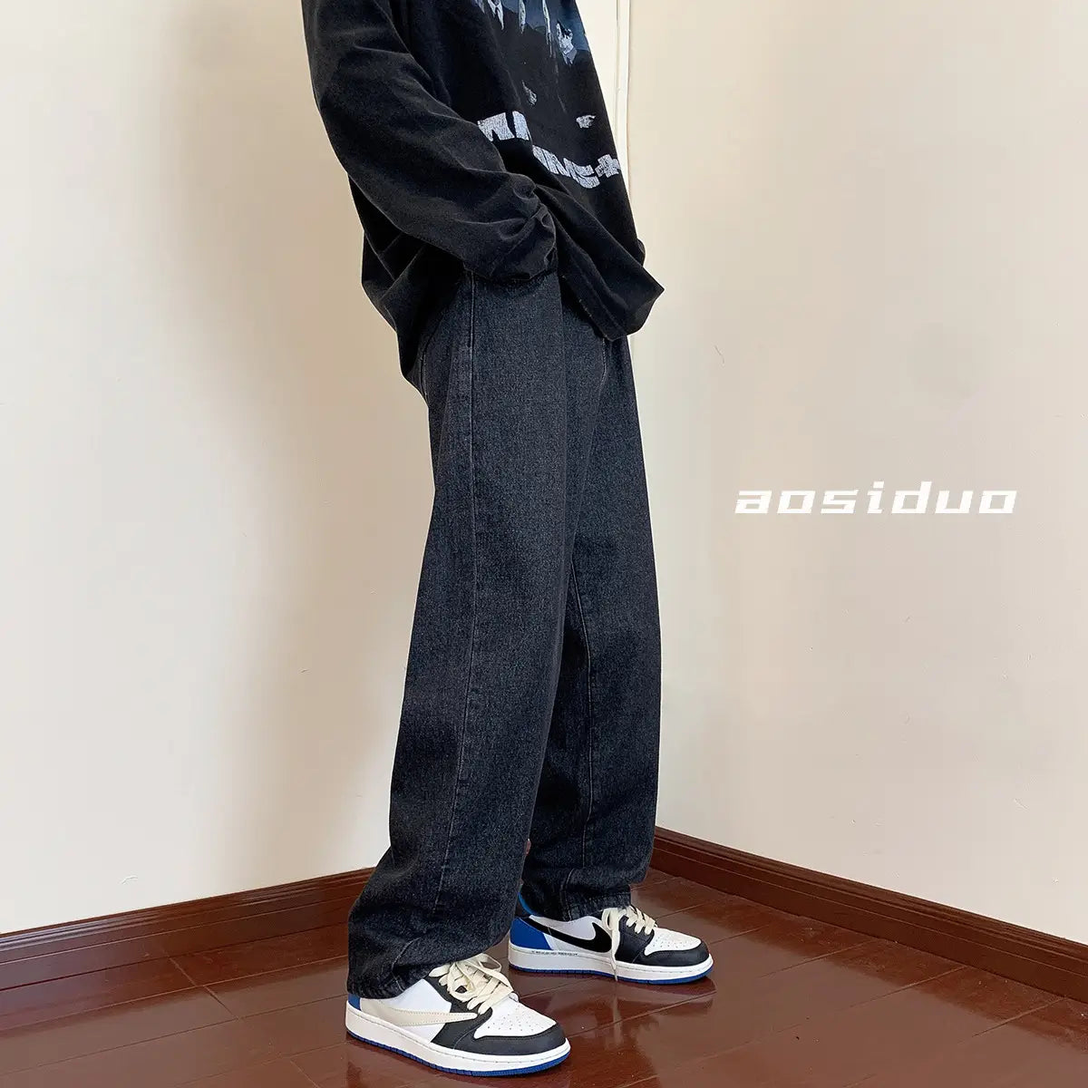 Men Washed Vintage Blue Straight Leg Jeans