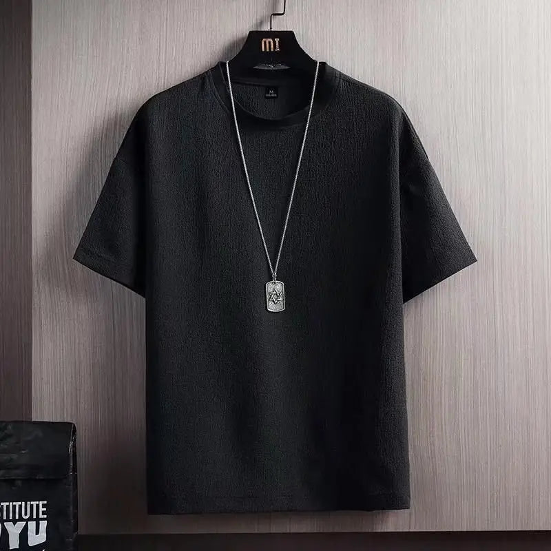 Men Ice Silk T-Shirt Loose Fit Black Grey Stripes