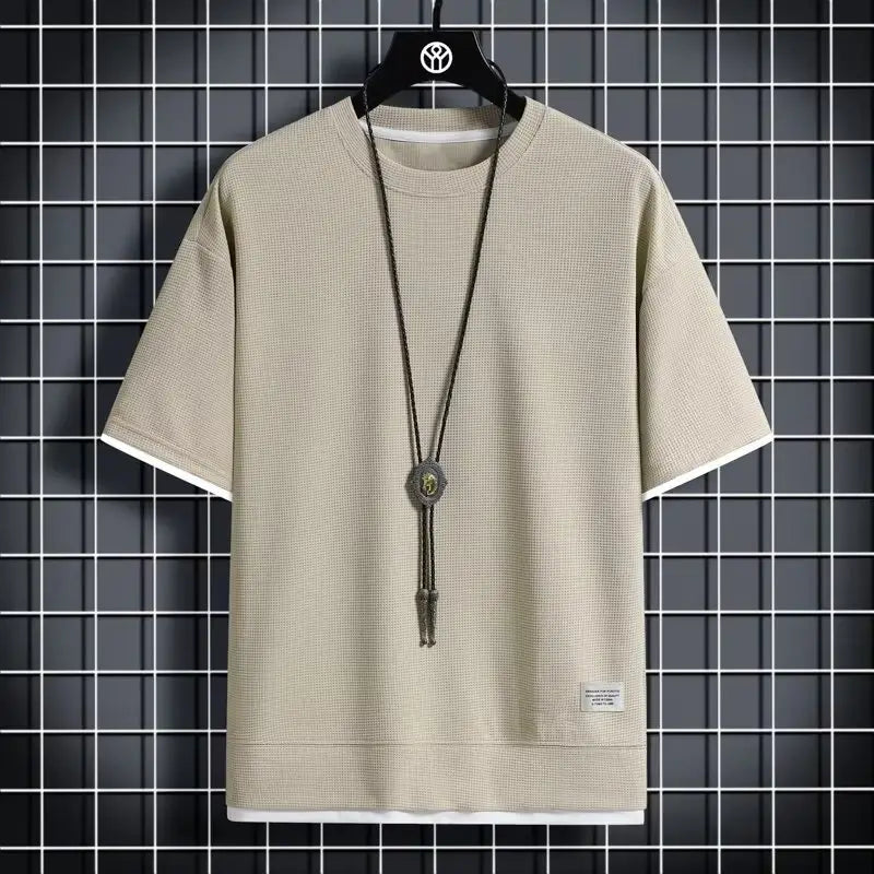 Men's Waffle Round Neck Short Sleeve Shirt Grey Large