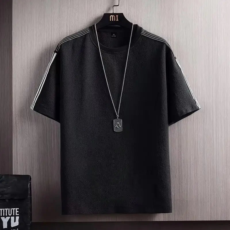 Men Ice Silk T-Shirt Loose Fit Black Grey Stripes