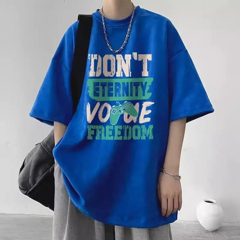 Men Blue Cotton Loose T-Shirt with Embroidered Design