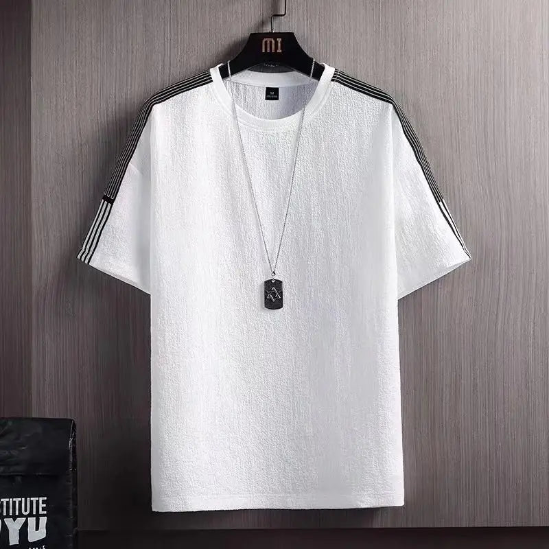Men Ice Silk T-Shirt Loose Fit Black Grey Stripes