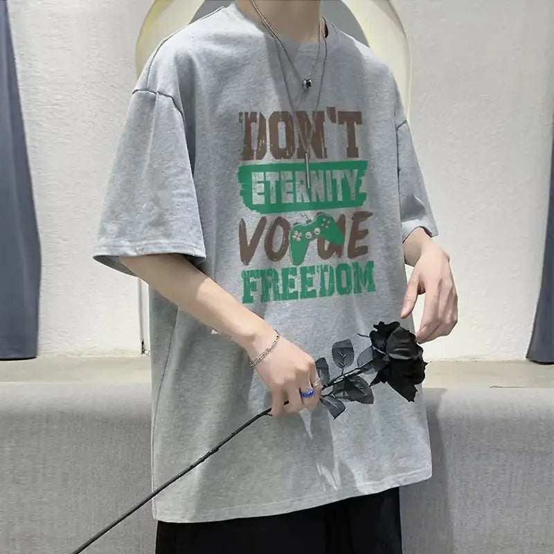Men Blue Cotton Loose T-Shirt with Embroidered Design