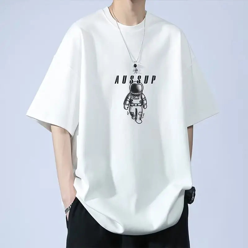 Men Blue Cotton Loose T-Shirt with Embroidered Design