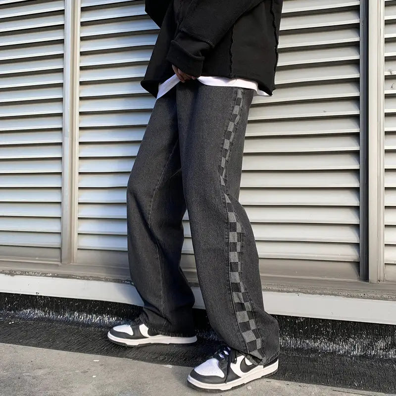 Men's American Denim Pants Loose Oversize Checkerboard Jeans
