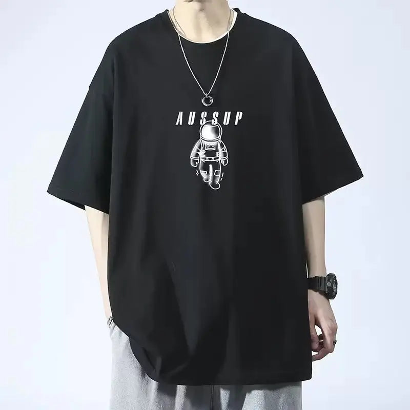 Men Blue Cotton Loose T-Shirt with Embroidered Design