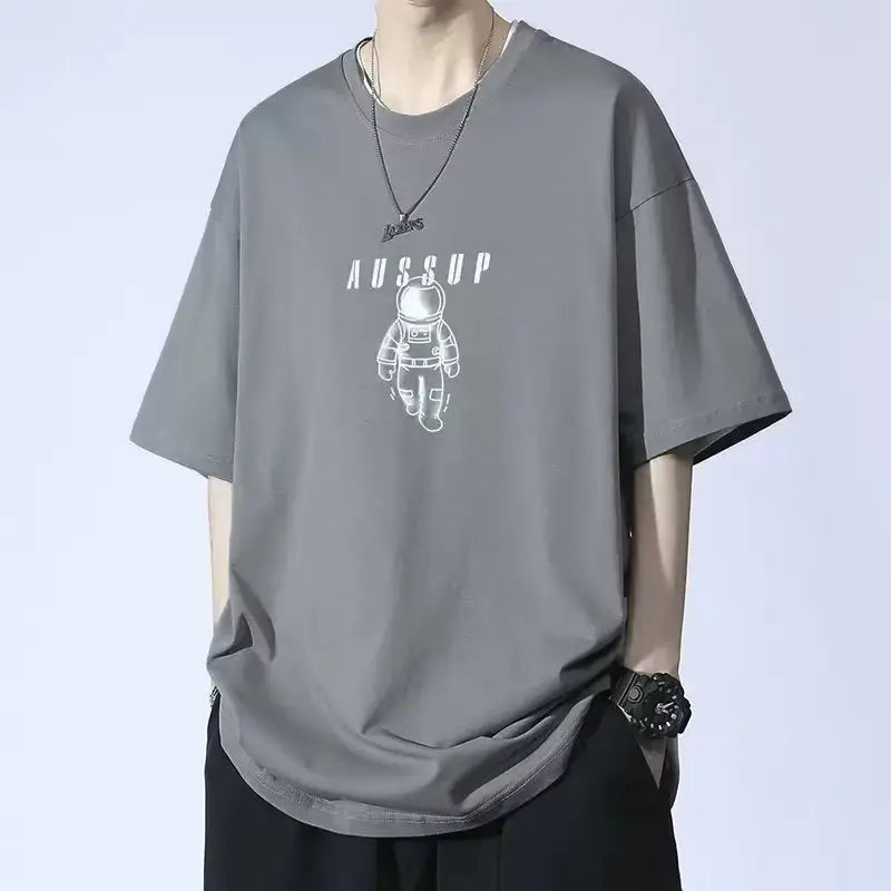 Men Blue Cotton Loose T-Shirt with Embroidered Design