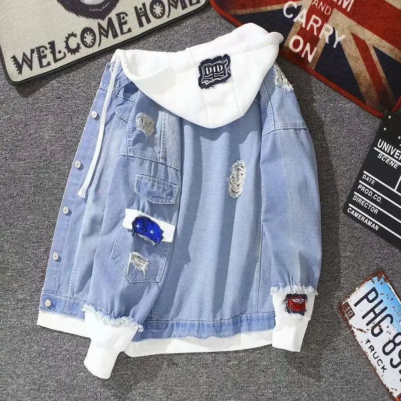 Men's Light Blue Denim Hooded Jacket with White Hood & Embroidery