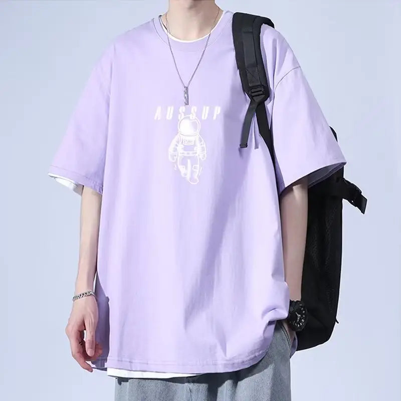 Men Blue Cotton Loose T-Shirt with Embroidered Design