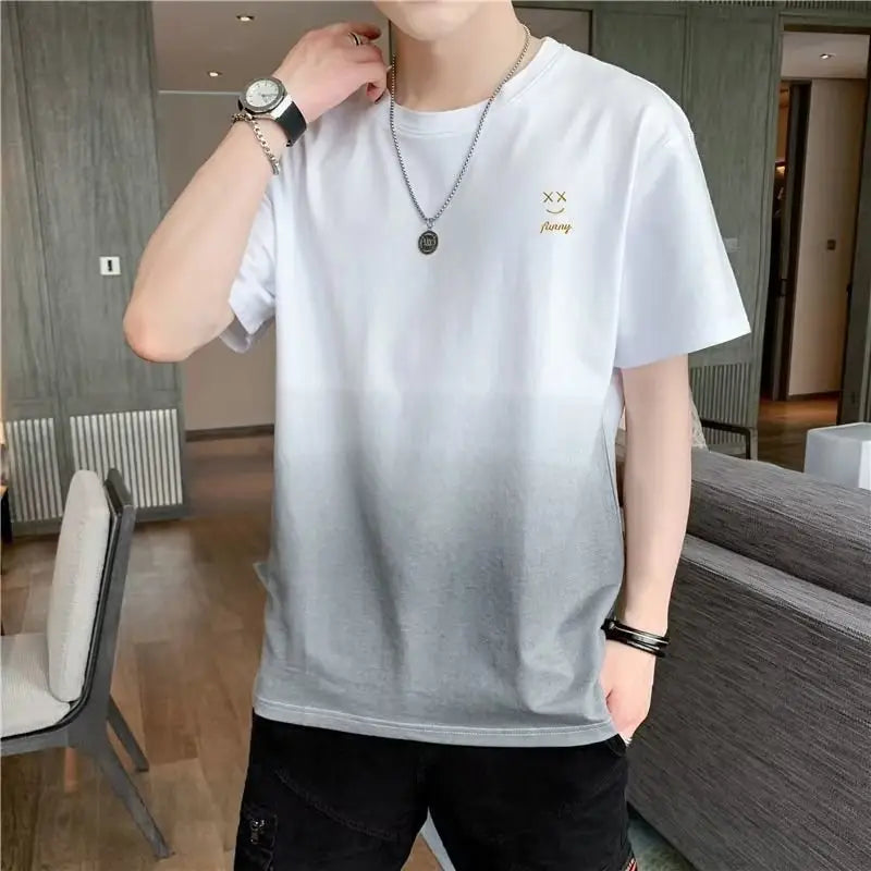 Men Gradient Short Sleeve T-Shirt White Korean Style